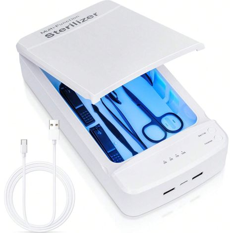 Stérilisateur pour outils à ongles, boîte de stérilisation portable USB à lumière bleue, pour salon de manucure, pinces, ciseaux de tatouage, bijoux, téléphone, montre, clés, blanc (1/4)