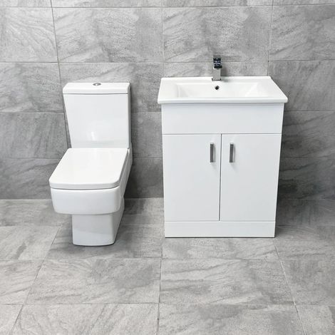 Tess Square Vanity Unit White Ceramic Basin and Bliss Square Toilet Set, 650mm Unit-No Tap (1/5)