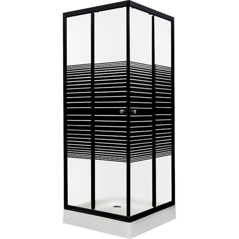 Pack paroi de douche + receveur PICO BLACK STR 2 portes coulissantes et 2 verres fixes sérigraphiés profilé noir mat 70 x 70 cm