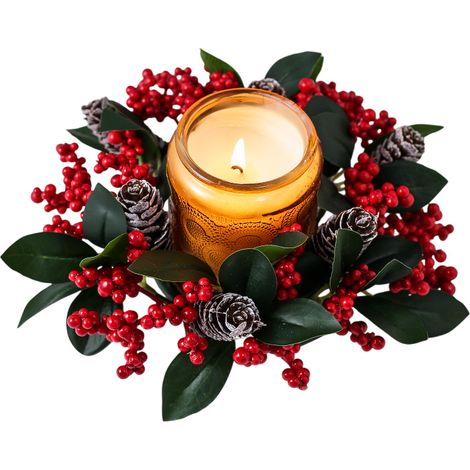 Corona navideña artificial con velas, mini corona con acebo, bayas rojas y piñas. (1/5)