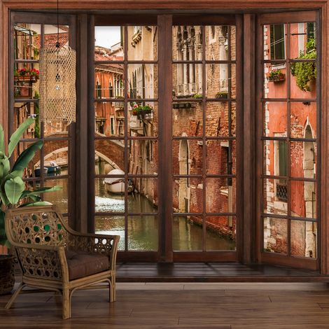 Papier peint panoramique Trompe l'oeil Fenêtre en bois - Venise - 195 cm x 156 cm (1/5)