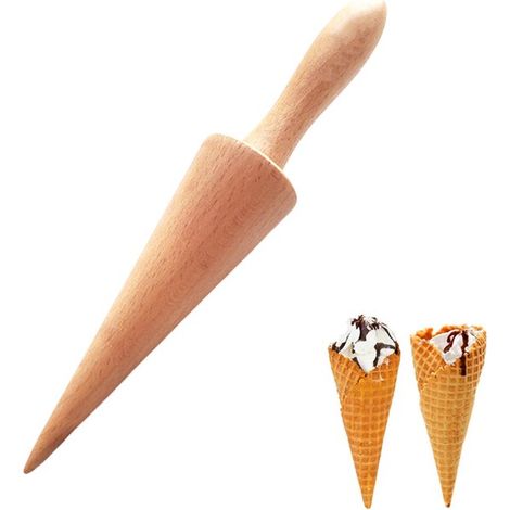 Stampi per coni gelato, stampi per coni waffle, mattarelli per coni waffle, stampi a forma di cono, coni di pasta frolla, stampi per mattarello, il legno di faggio si adatta bene alla mano (1/5)