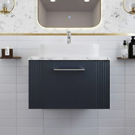 Nuie Deco Wall Hung 1-Drawer Vanity Unit with Carrera Marble Worktop 600mm Wide - Satin Anthracite (1/5)