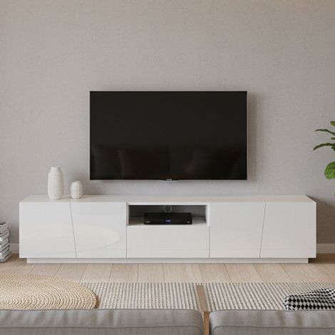 Dmora - Mueble de televisión Dlori, Aparador bajo para salón, base soporte TV, 100% Made in Italy, cm 220x43h46, Blanco brillo (1/5)