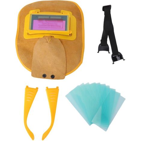 Cagoule de soudage en cuir avec accessoire pour lentille, casque de soudage plat, léger, réglable, résistant à la chaleur et durable, pour le soudage à l'arc électrique et le soudage au gaz, avec 10 f (1/5)