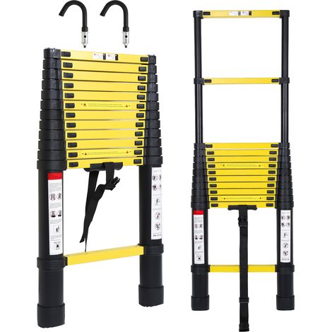 TolleTour Escalera telescópica negra Pro 3,8m con ganchos, 150kg, antideslizante