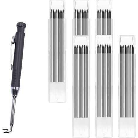 1 Lot - Mine De Crayon - Crayon De Charpentier - Graphite Étanche 2,8mm - Pour Bois Et Métal + Taille-Crayon Intégré - Usage Menuiserie - Noir - 12cm (1/5)