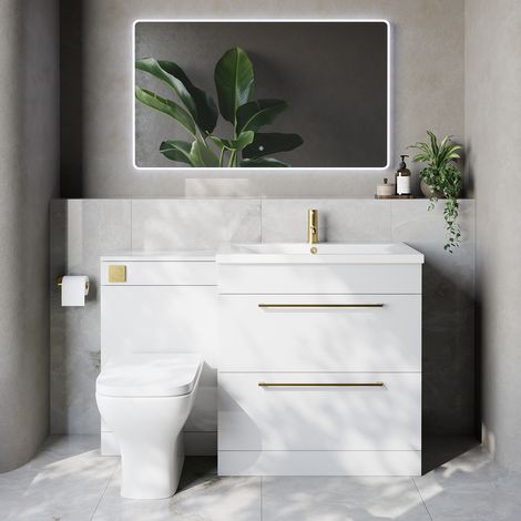 Napoli 460 Gloss White 1300mm 2 Drawer Vanity Unit Toilet Suite with Glide Basin - 1300mm - Brushed Brass 480mm HandleWith Kingston Toilet Pan and Seat