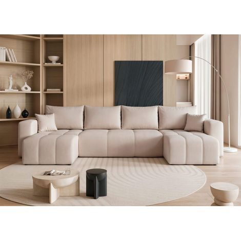 Wohnlandschaft mit Schlaffunktion Sofa LEROS in Stoff Manila Beige