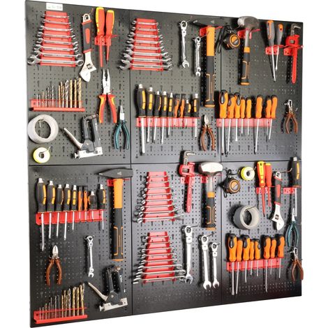 Werkzeugorganisator, Metallkonstruktion, 120 x 120 cm Abmessungen, Perforierte Oberfläche, Geeignet für Werkzeuge, Schwarz-Rotes Farbschema (1/5)