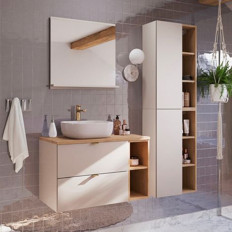 Conjunto mueble lavabo individual 80cm 2 compartimientos y columna Azel Cachemira y Madera (1/5)