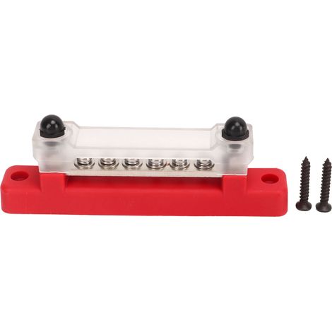 Blocco di distribuzione di potenza a 6 terminali, 48 V 150 A, con coperchio, prigionieri M6, viti M4 per auto, camper, roulotte, imbarcazione, colore rosso. (1/5)