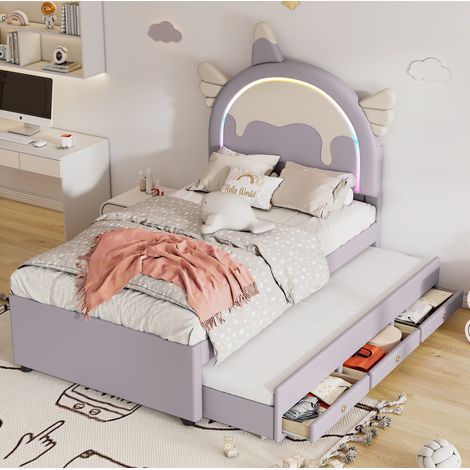 Letto per bambini in PU viola 90x200 cm, a forma di unicorno, con letto estraibile e rete a doghe inclusa (1/5)