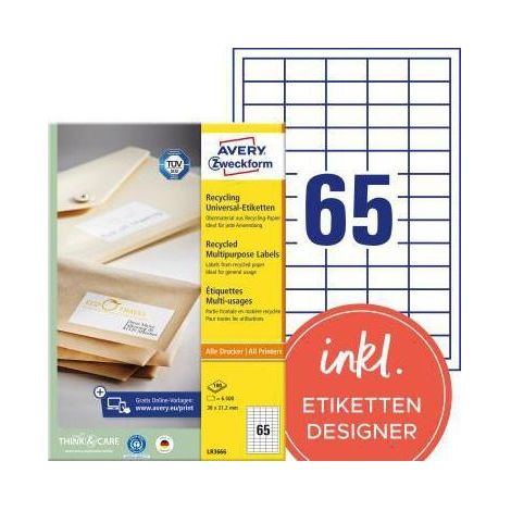 Universaletikett Recycling 38 x 21,2 mm (B x H) nicht wieder ablösbar 100 % Altpapier naturweiß 6.500 Etik./Pack. (1/4)