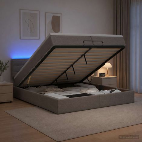 vidaXL Lit coffre avec matelas et LED Taupe 200 x 200 cm Tissu (1/5)