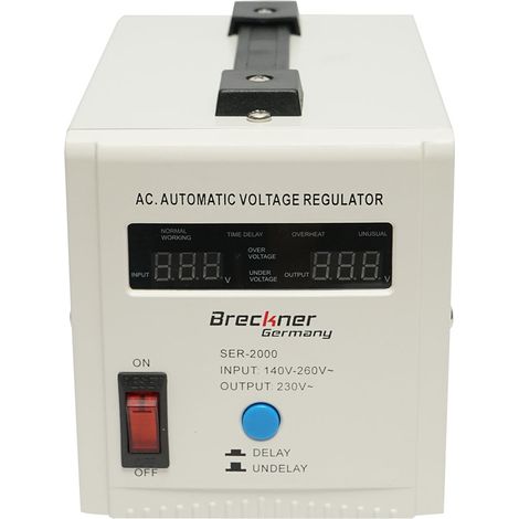Stabilizzatore di tensione automatico monofase con relè 2000VA/140-260V, 2 prese schuko 230V, display LCD Breckner Germany (1/5)