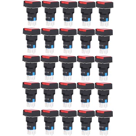 Packung mit 25 quadratischen ABS-Drucktastern aus Messing mit Selbstverriegelung und Kontrollleuchte für Verteilerkästen, 16 mm, 24 V, rot (1/5)