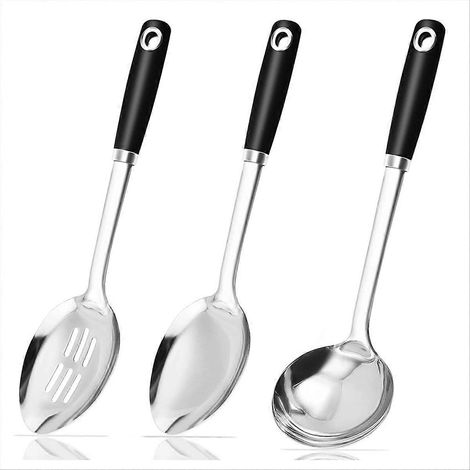 Set aus 3 Küchenlöffeln, bestehend aus einem großen Servierlöffel, einem Abtropflöffel, einem Suppenlöffel und einer Schöpfkelle. (1/5)
