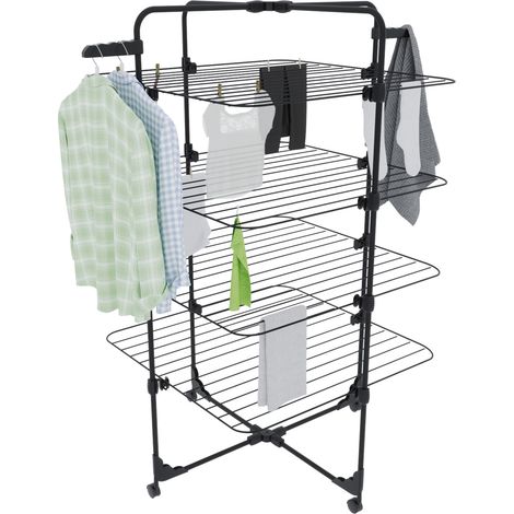 Stendibiancheria Da Pavimento Con Rotelle Stendino A Torre Verticale In Acciaio Con 4 Ripiani e 2 Appendi Grucce Pieghevole Salvaspazio Per Biancheria Lenzuola Panni 168.5 x 71 x 71 Cm (Nero Opaco) (1/5)