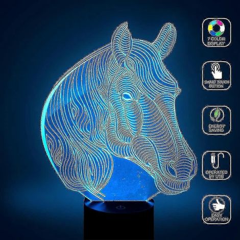 Veilleuse Cheval, Lampe de Bureau Illusion 3D pour Enfants, Tactile et Alimentée par USB, 7 Couleurs (1/3)