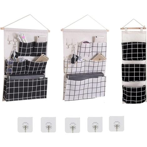 Lot de 3 sacs de rangement suspendus au-dessus de la porte pour placard mural, organisateur de tissu en lin, pochettes de rangement suspendues pour chambre à coucher, salle de bain (3, couleur 1) (1/5)