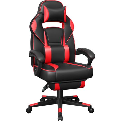 Fauteuil de Bureau, Chaise Gaming, Réglable, Repose-Pieds Télescopique, Mécanisme à Bascule, Appui-tête, Support Lombaire, Charge 150 kg, Noir d'encre et Rouge Fraise OBG73BRV1 (1/5)