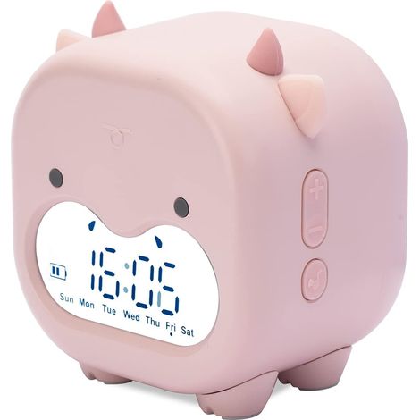Réveil pour enfants – Rose (pour chambre à coucher) : fonctions date, température, répétition d'alarme (snooze), simulateur d'aube et veilleuse. (1/5)