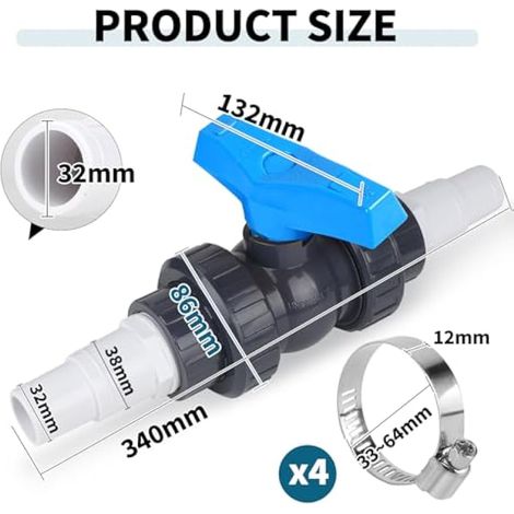 Vanne de piscine avec raccord de tuyau pour accessoires de piscine de 32 à 38 mm et de 1 1/2 pouce (50 mm). (1/5)