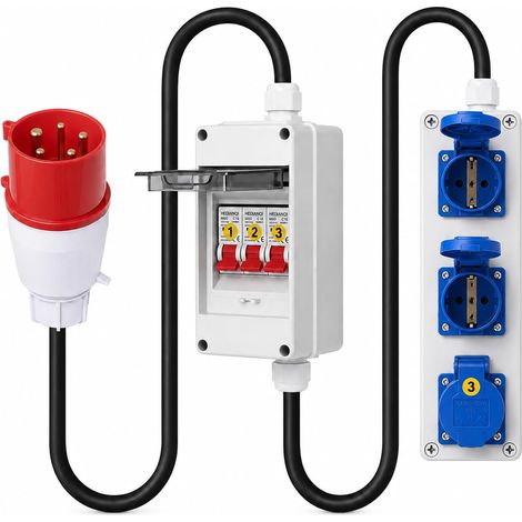 Adaptateur CEE 32 A vers 16 A - Fiche CEE 5P 380 V vers 3 prises Schuko 220 V - Étanche IP65/IP54 - Avec 3 disjoncteurs 16 A - Répartiteur de courant de construction (1/5)