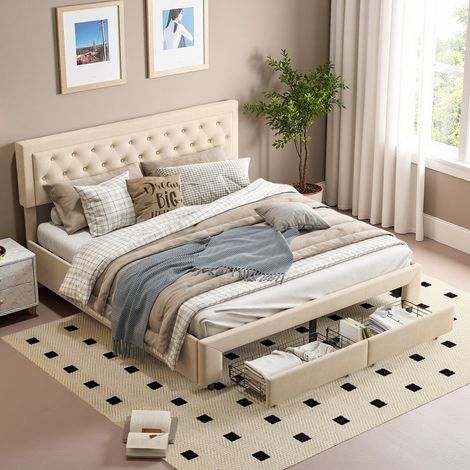 Lit coffre 180x200 cm - tissu en velours - 2 tiroirs - sommier - lit 180x200 cm - Beige (1/5)