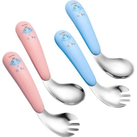 4Pcs Cuillère Et Fourchette D'entraînement pour Nourrissons,Cuillères Apprentissage Acier Inoxydable pour Bébé,Cuillère - yd (1/4)