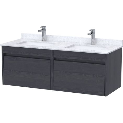 Swainsley Contemporary Wall Hung 2 Drawer Vanity Unit with Marble Top with Basin, 1200mm, Graphite Grey Woodgrain
