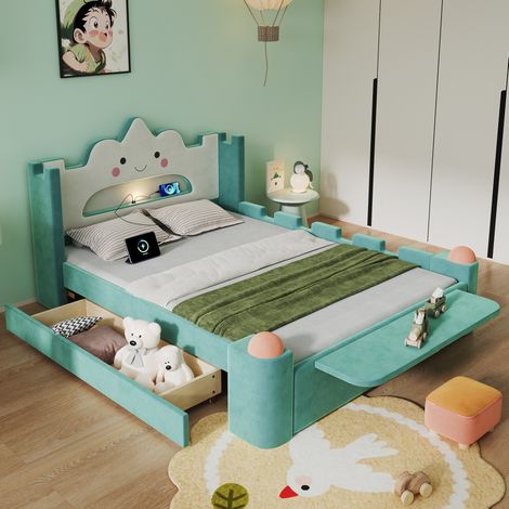 Lit enfant 140x200 cm 2 places avec tête de lit nuage, lampe de lecture LED, USB, rangement, velours bleu-vert (1/5)
