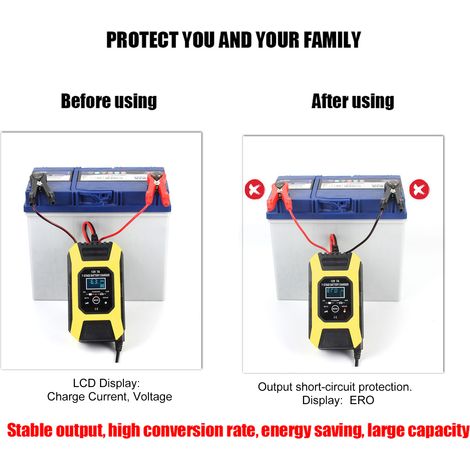 Chargeur de batterie de voiture, batteries au plomb 12 V 7 A, écran LCD, chargeur intelligent à 7 étapes pour voiture, moto, tondeuse à gazon, bateau marin, SUV, (prise britannique) (1/5)