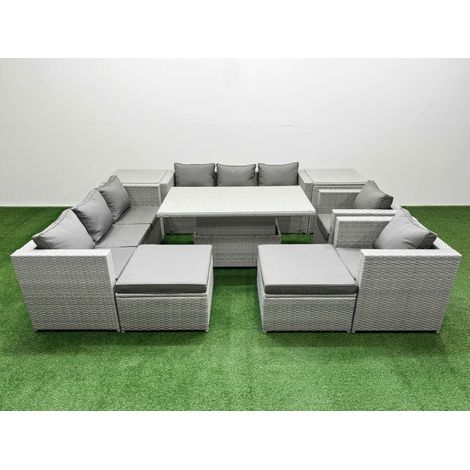 Fimous 9 PCs Rising Dining Table Set Rattan Furniture Set with 3 Seater Sofa Chair 2 Big Footstools 2 Side Tables Light Grey (1/5)