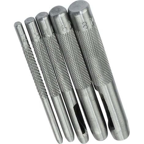 Set of 5 Punching Tools/Punching Tool/Hole Punch 2/3/4/6/8 mm - Hollow Punch for Making Holes - Belt/Leather/Cork/Fabric/Watch Strap - Hammer - Steel (1/3)