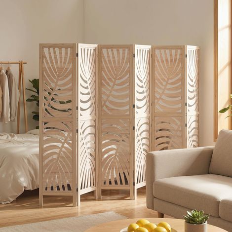 Paravent interieur en bois 6 panneaux 240 x 170 cm, pliable et portable, motif de feuille, design amovible, bois naturel (1/5)