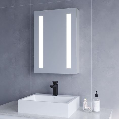 LED Bad Spiegelschrank mit Beleuchtung Spiegel Hängeschrank Badezimmerschrank Badspiegel Beschlagfrei Glasspiegel Aluminiumrahmen Badschrank Kaltweiß 6400K 50x70 cm CANNES-Serie mit Steckdose (1/5)