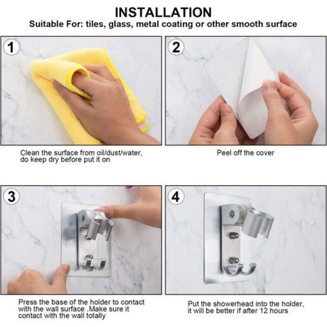 Support de Pomme de Douche Adhésif Fort Pommeau de Douche Support de Montage Mural Ajustable Porte-Baguette de Douche avec 2 Croche (1/5)