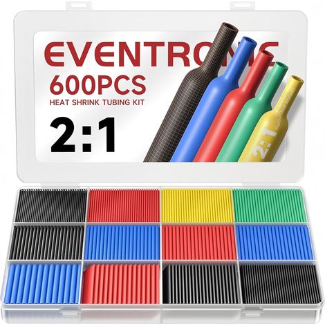 Eventronic ET1001 Gaine Thermorétractable 600 Pièces, IP56 Étanchéité, EVA Matériau, Total 27 m, 5 Couleurs, 12 Tailles, Idéal pour l'isolation Électrique et Les Connexions de Fils, Jamais Estompé