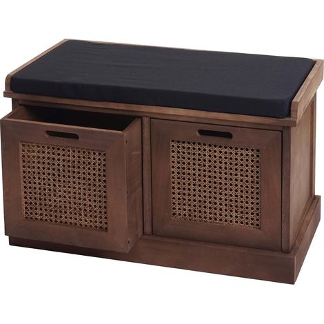 Décoshop26 – Banc banquette en bois de paulownia marron et MDF avec coussins noir – Boîtes de rangement 47x75x40cm – BAN04051