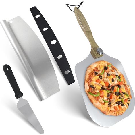 Ensemble Pelle à Pizza 3 Pièces, Pizza Accessoires Comprenant Pelle a Pizza 30 cm Aluminium avec Poignée en Bois Rotative, Coupe Pizza Acier Inoxydable et Pelle à Fromage (1/5)