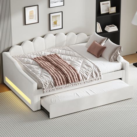 Sofá cama nido tapizado en lino beige, 140x200 cm, con iluminación LED y somier de láminas incluido. (1/5)