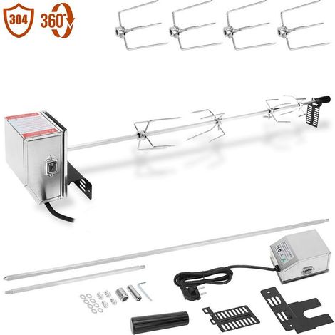 Broche BBQ Set 117cm 230V en Acier affiné 4 Fourches incluses Broches Grillade Rôtisserie