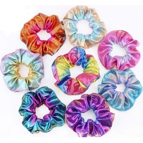 8 Pièces Chouchous Métalliques Brillants Élastiques Bobbles Bandes Coloré Sirène Porte-Queue de Cheval Hair Scrunchies pour Femmes Filles Accessoires Cheveux (1/5)