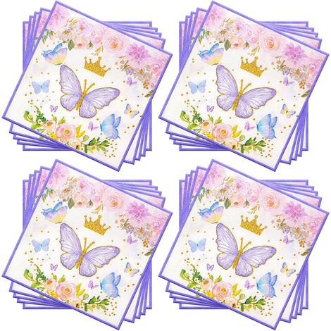 60 serviettes de table jetables à motif papillon violet, 2 plis, 33 x 33 cm, pour boissons, fêtes et cocktails. Motifs papillon et couronne de fleurs. (1/5)