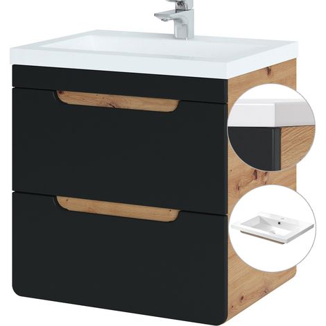 Waschtisch 61 cm mit Keramik-Waschtisch NEW-LUTON seidenmatt anthrazit mit Wotan Eiche Nb. B/H/T ca. 61/63/46 cm (1/5)