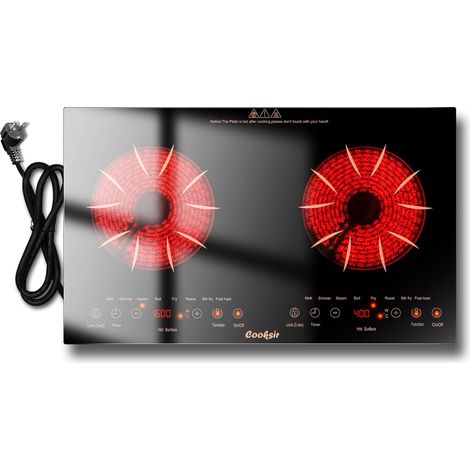 Plaque Vitrocéramique 2 Feux avec Prise, Plaque de Cuisson Électrique 60CM à Encastrer, Montage ou Mobile, Commande Tactile Horizontale Indépendante, Verrouillage de Sécurité, 220V (1/5)