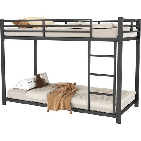 Lit Superposé Lit 2 Places avec Barrières de Sécurité, Structure en Métal, 90 × 200 cm, sans Matelas, Noir (1/5)