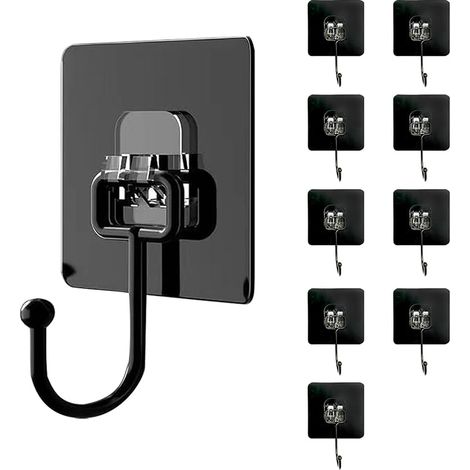 Haken Selbstklebend - 10 Stück (max 30 kg) Klebehaken Extra Stark Schwarz, Wasserdicht und Spurlos Handtuchhaken für Badezimmer, Decke, Wandhaken, Küchenutensilien, Schlüssel, Kleiderrucksack
